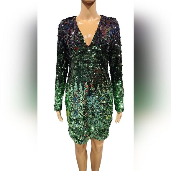 NWT H & M women's green ombre sequin long sleeve mini party cocktail dress Sz 8 - Picture 1 of 14